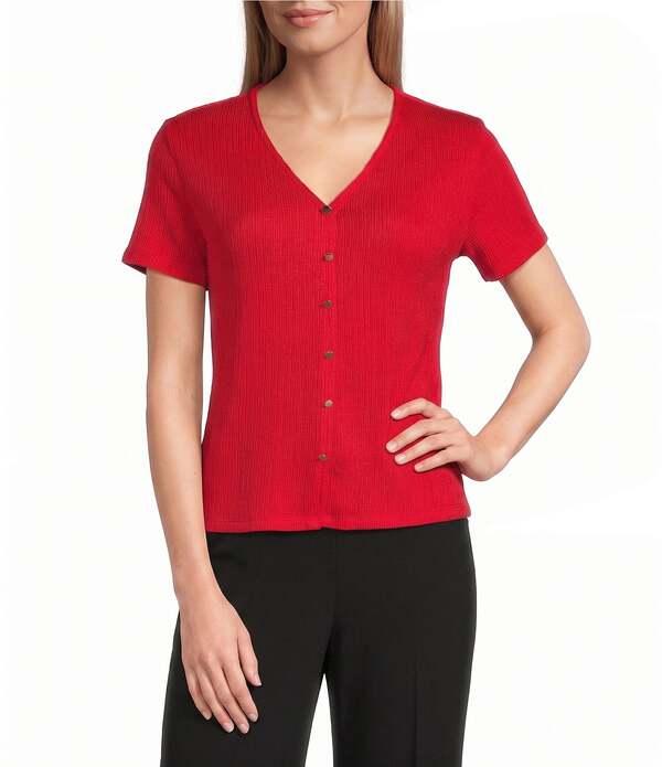 アンクライン レディース トップス プルオーバー Vのど首 編み物 Anne Klein Short Sleeve V Neck Button Front Knitop Begonia Red 赤いこと