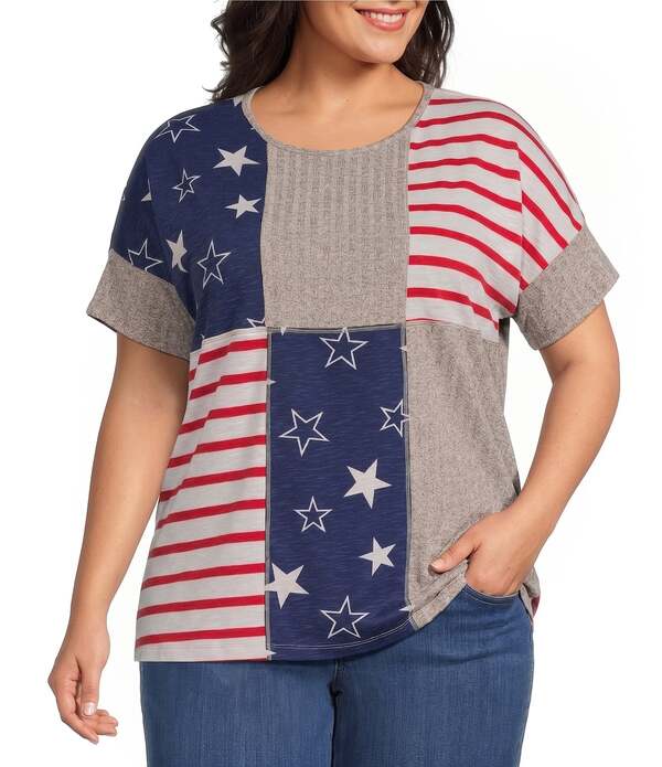 マルチプルズ レディース トップス ティーシャツ 足し加える大いさ 刷り上げる 編み物 Multiples Plusize Slub Knit Yarn Dye Stripe Star Print Scoop Neck Short Dolman Sleeve Top Multi マルチ色合い