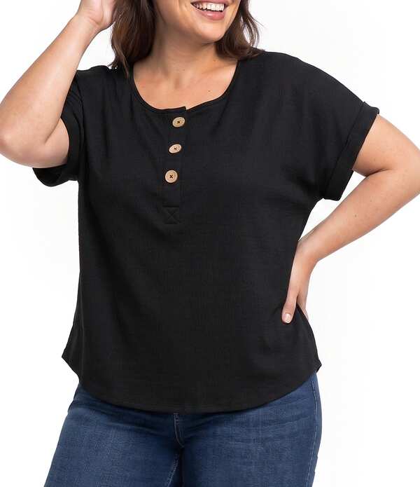 ウエストバウンド レディース トップス Tシャツ プラスサイズ Westbound Plusize Short Sleeve Y-Neck Henley Top Black ブラック|ReVida 店
