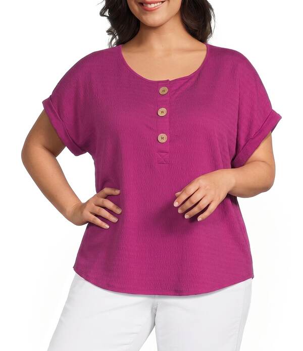 ウエストバウンド レディース トップス Tシャツ プラスサイズ Westbound Plusize Short Sleeve Y-Neck Henley Top Wild Aster|ReVida 店