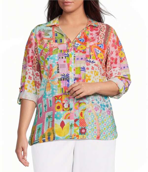 蟻 マイルス レディース トップス プルオーバー 足し加える大きさ 刷り上げる Ali Miles Plusize Woven Multi Print Point Collar 3/4 Roll-Tab Sleeve Button-Front Shirt Pink Print サクラ色