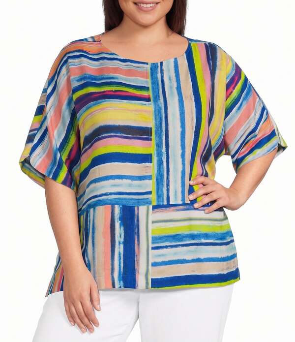 蟻 マイルス レディース トップス カットソー 足し加える大きさ Ali Miles Plusize Woven Stripe Round Neck Short Dolman Sleeve Tunic Multi マルチ色合い