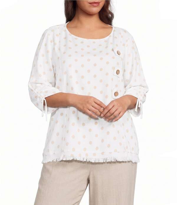 蟻 マイルス レディース トップス カットソー 足し加える大きさ Ali Miles Plusize Woven Multi Dot Round Neck Short Sleeve Frayed Hem Tunic White 白いこと