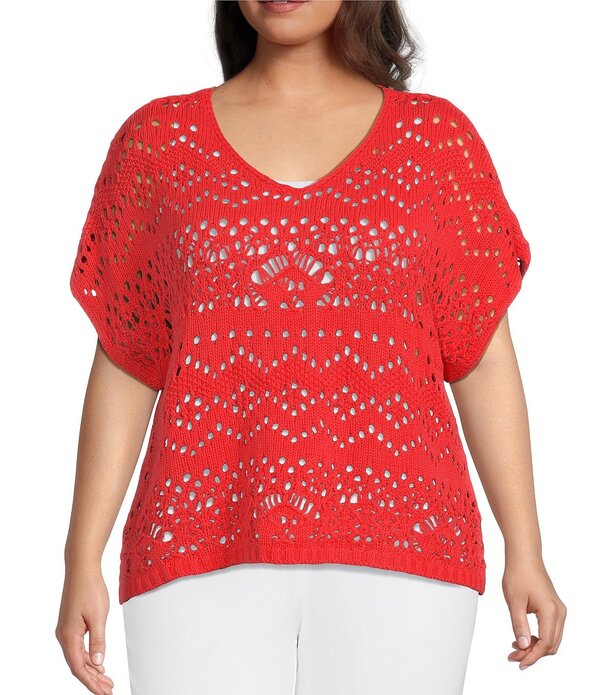 蟻 マイルス レディース トップス プルオーバー Vのど首 足し加える大きさ 編み物 Ali Miles Plusize Knit Crochet V-Neck Short Dolman Sleeve Top Coral コーラル