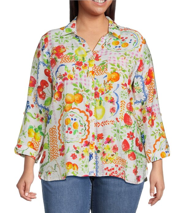 蟻 マイルス レディース トップス プルオーバー 足し加える大きさ 刷り上げる Ali Miles Plusize Allover Multi Fruit Print Point Collar 3/4 Roll-Tab Sleeve Button-Front Shirt Multi マルチ色合い