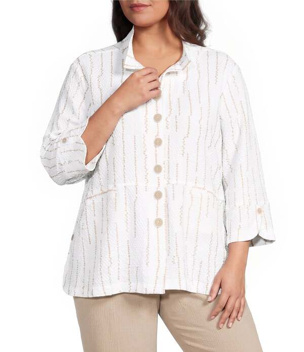 蟻 マイルス レディース トップス プルオーバー 足し加える大きさ Ali Miles Plusize Woven Dotted Stripe Wire Collar 3/4 Sleeve Button-Front Shirt Khaki カーキ