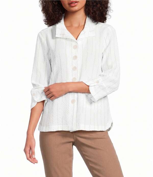 蟻 マイルス レディース トップス プルオーバー プチ Ali Miles Petite Size Woven Dotted Stripe Wire Collar 3/4 Sleeve Button-Front Shirt Khaki カーキ