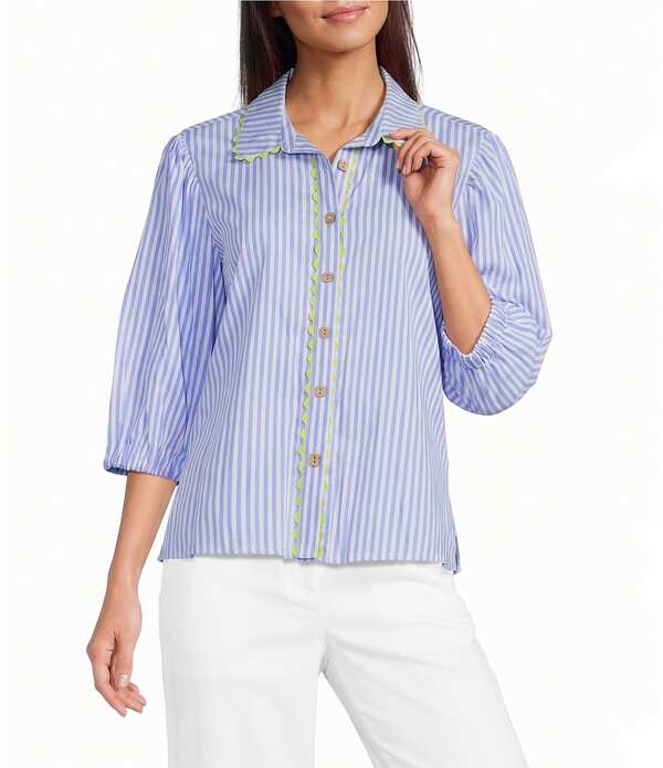 蟻 マイルス レディース トップス プルオーバー プチ Ali Miles Petite Size Stripe Point Collar 3/4 Puff Sleeve Ric-Rack Trim Button-Front Shirt Blue Stripe 青碧