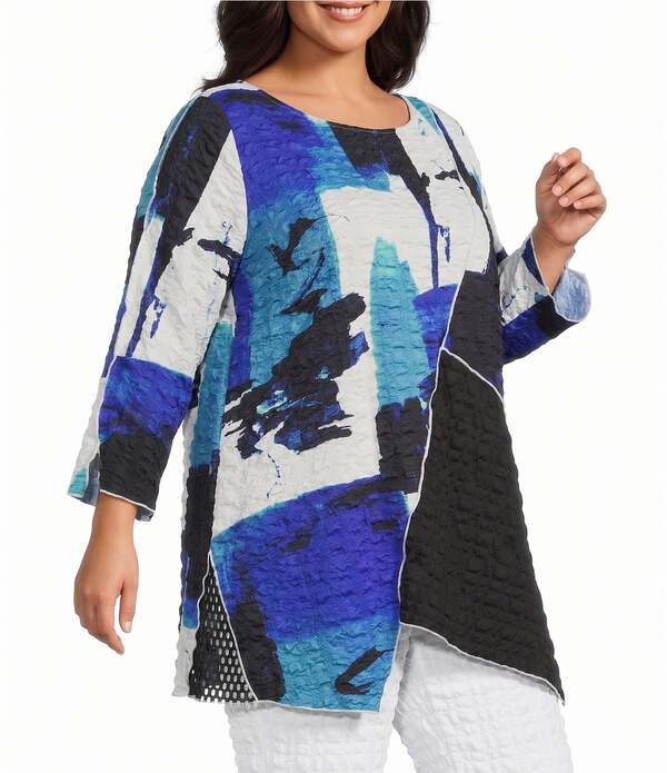 アイシーコレクション レディース トップス プルオーバー 足し加える大きさ 刷り上げる メッシュ ICollection Plus Pucker Mesh Abstratc Print Scoop Neck Bracelet Sleeve Tunic Blue 青色