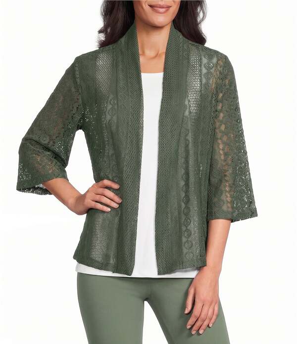 アリソン デイリー レディース アウター 編み物・ティーシャツ プチ ジレー Allison Daley Petite Size 3/4 Sleeve Open Front Pointelle Cardigan Spring Sage サルヴィア