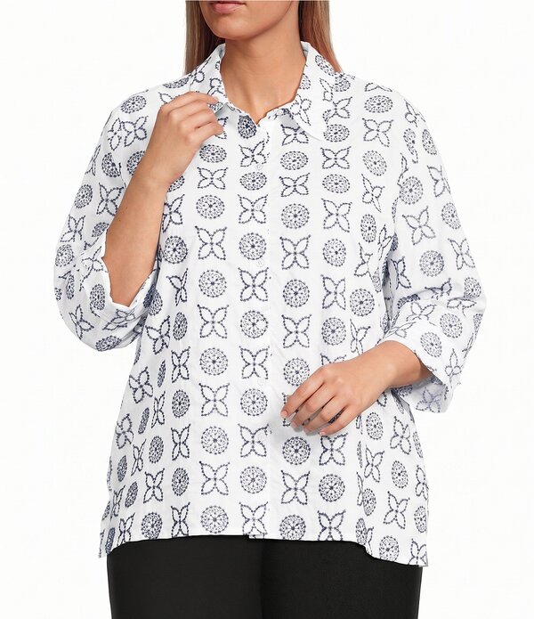 アリソン デイリー レディース トップス プルオーバー 足し加える大きさ トップ Allison Daley Plusizembroidery 3/4 Sleeve Point Collar Button Front Blouse White/True Navy Embroidery 白いこと