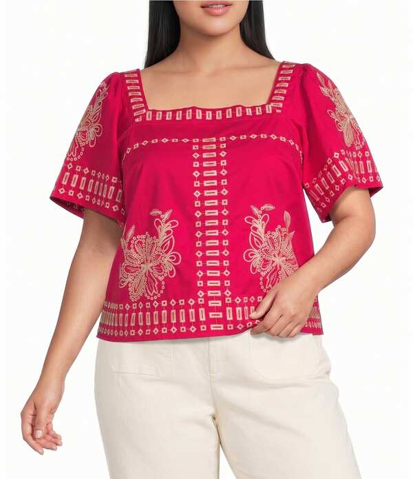 シュガーリップス レディース トップス プルオーバー 足し加える大きさ 刺しゅう Sugarlips Plusize Silvia Embroidered Square Neck Short Sleeve Top Fuchsia フューシャ