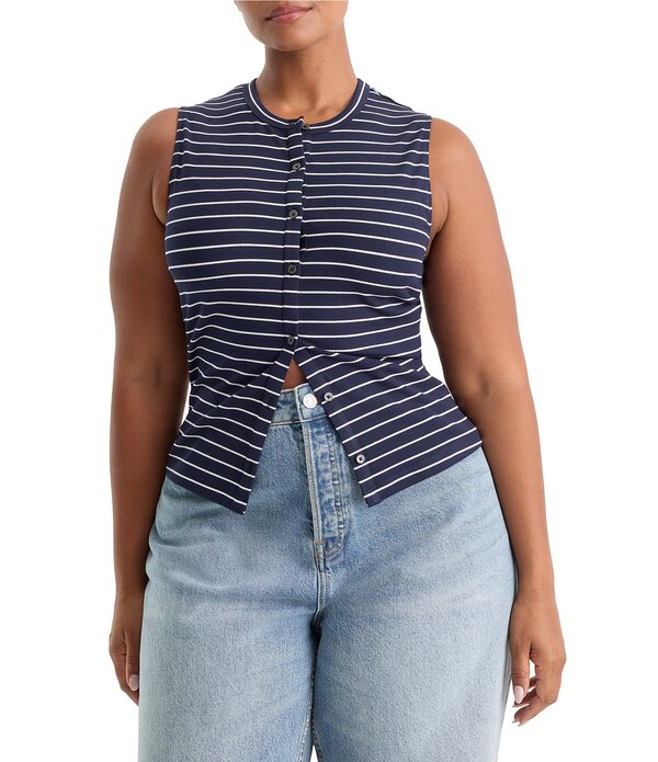 グッドアメリカン レディース トップス シャツ クルーネック プラスサイズ プリント ノースリーブ Good American Plusize The Rib Splay Stripe Print Crew Neck Sleeveless Top Simple Stripe Horizon Ink ストライプ|ReVida 店
