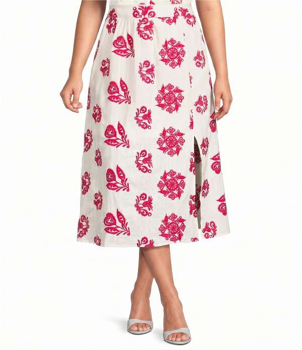 スカイズアブルー レディース 下つ方スコート A 生産ライン 足し加える大きさ MIDI 刺しゅう Skies Are Blue Plusizembroidered A-Line Coordinating Midi Skirt Ivory/Pink 象牙色