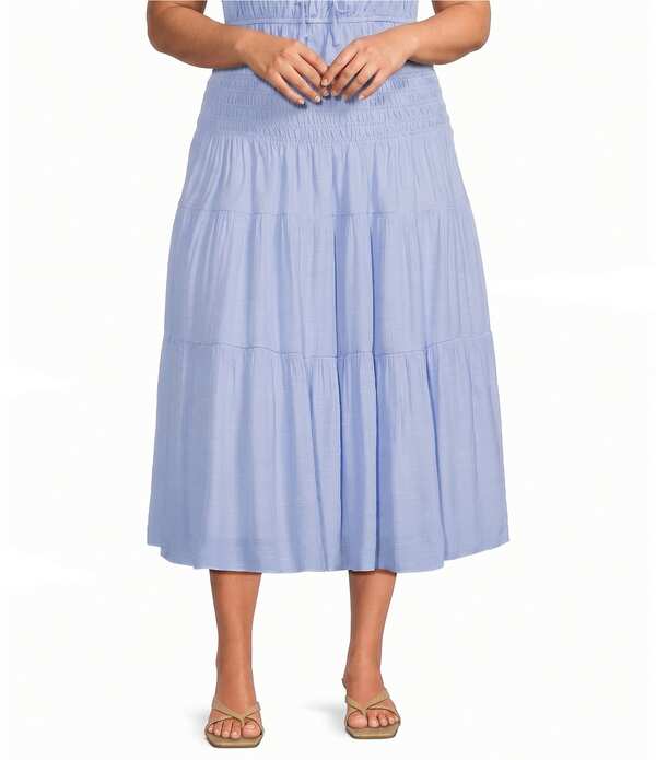ルーシー光の都市 レディース 下つ方スコート A 伝達ルート つけ加える大きさ MIDI シャーリング Lucy Paris Plusize Tropez Smocked Waist Coordinating A-Line Midi Skirt Light Blue 青碧