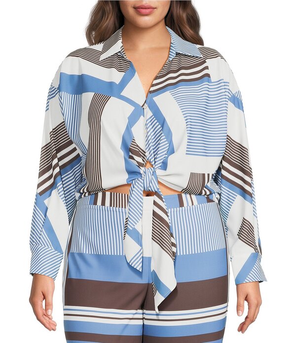 ルーシー光の都市 レディース トップス プルオーバー 足し加える大きさ 刷り上げる Lucy Paris Plusize Rue Stripe Print Collared Long Sleeve Coordinating Button Frontie Top Brown/Blue 青色