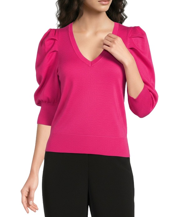 ダナキャラン レディース トップス プルオーバー Vのど首 筋目 編み物 DKNY by Donna Karan Pleated Puffed Elbow Length Sleeve V-Necknitop Hot Pink サクラ色