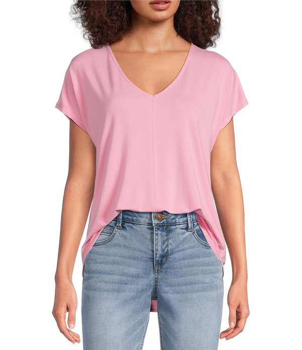 ギブソンアンドラティマー レディース トップス プルオーバー V素っ首 編み物 Gibson \u0026 Latimer Knit V-Neck Dropped Short Sleeve Shell Shirttail Tee Shirt Bubblegum