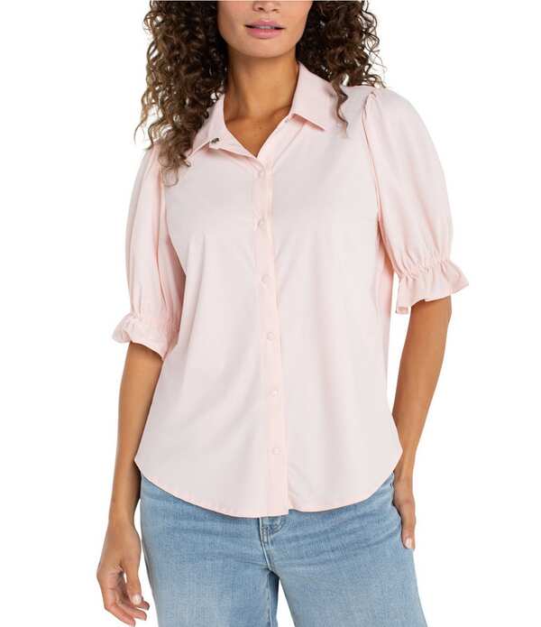リヴァプール 天使の都市 レディース トップス ティーシャツ 編み物 Liverpoolos Angeles Tech Knit Spread Collar Elbow-Length Puff Sleeve Button-Front Shirt PINK サクラ色