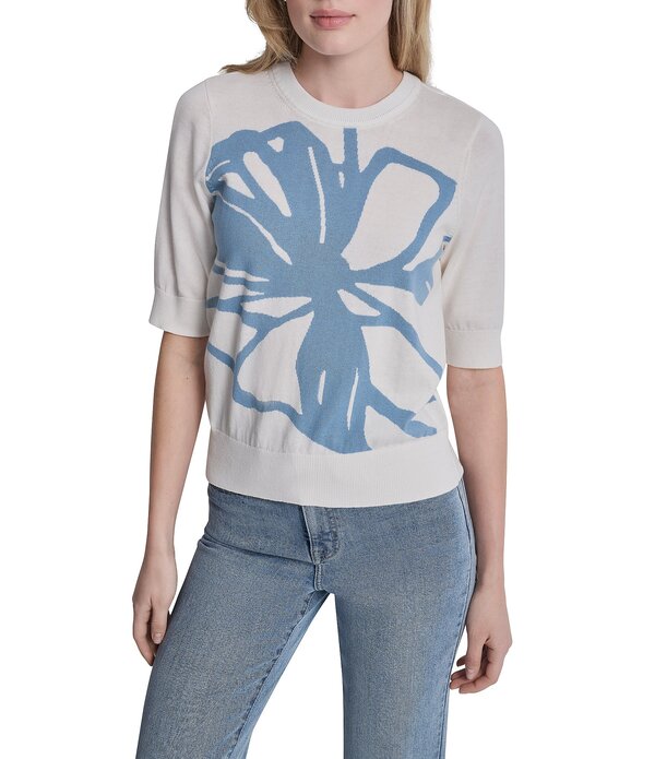 ダナキャラン レディース アウター 編み物・スウェーター 御花柄 御花 DKNY by Donna Karan Short Sleeve Knit Graffiti Floral Sweater Ivory/Sky 象牙色