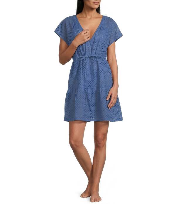 トッミーバハマ レディース トップス 衣裳 Vのど首 綿織物 Tommy Bahama Organicotton Eyelet Cove V-Neck Swim Cover-Up Dress Blue Mond 青碧