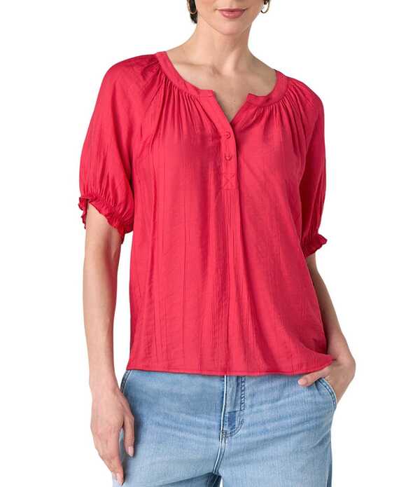 リヴァプール ロサンゼルス レディース トップス シャツ Vネック ブラウス Liverpoolos Angeles Crinkle Woven Split V-Neck Short Sleeve Blouse Cherry Rose|ReVida 店