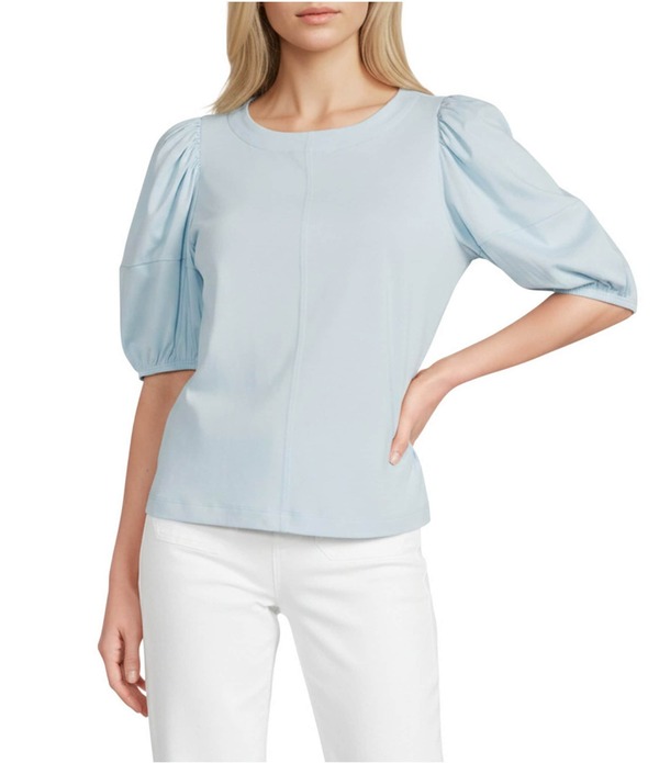 ギブソンアンドラティマー レディース トップス Tシャツ クルーネック ニット Gibson & Latimer Knit Crew Neck 3/4 Puff Sleeve Tee Shirt Ice Blue ブルー|ReVida 店