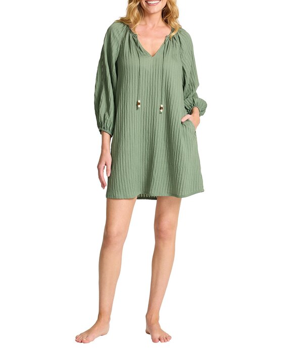 トッミーバハマ レディース トップス 衣装 Vのど首 Tommy Bahama Beachy Stripe Woven Split V-Neck Tunic Swim Cover-Up Tea Leaf 縞模様