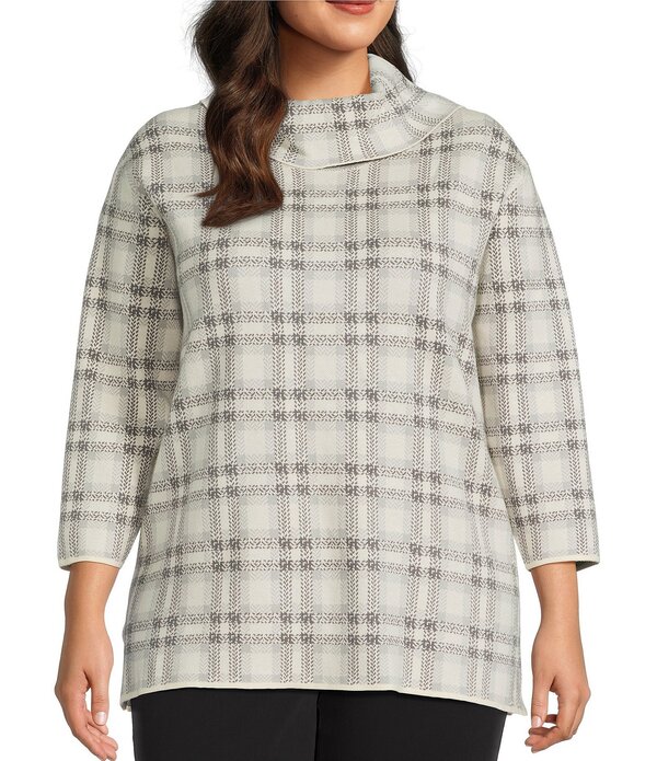 マルチプルズ レディース トップス ティーシャツ つけ加える大きさ 編み物 Multiples Plusize Jacquard Knit Plaid Cowl Neck 3/4 Sleeve Top Multi マルチ色つや