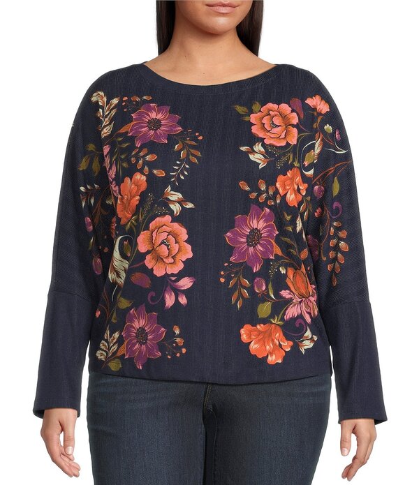 民本主義 レディース トップス ティーシャツ お花柄 足し加える大いさ 編み物 お花 Democracy Plusize Knit Floral Boat Neck Long Batwing Sleeve Top Navy Multi 米国海軍