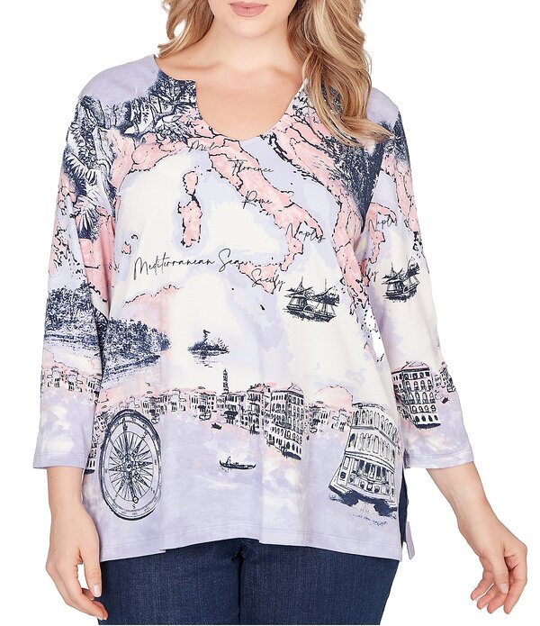ルビーアールディー レディース トップス ティーシャツ つけ加える大きさ 綿織物 プルオーバー Ruby Rd. Plusize Soft Cotton Jersey Novelty Horseshoe Neck 3/4 Sleevexcursion Top Lilac Multi 紫はしどい