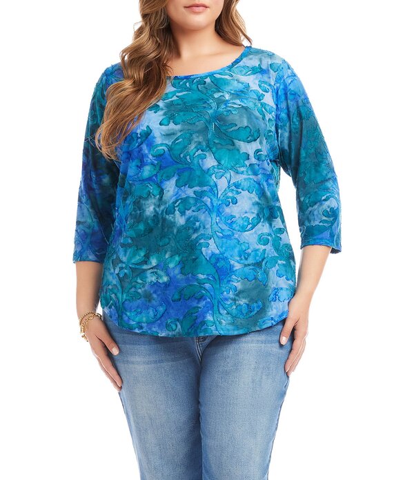 カレンケーン レディース トップス ティーシャツ 労働者の一団のど首 足し加える大いさ Karen Kane Plusize Burnoutie-Dye Crew Neck 3/4 Sleeve Top Tie-Dye
