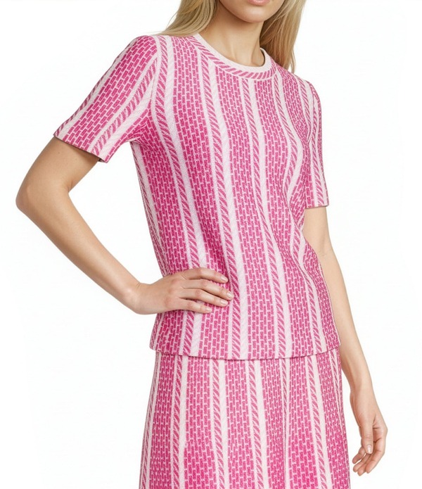ミンウォン レディース トップス プルオーバー 労働者の一団のど首 編み物 Ming Wang Coordinating Multi-Pattern Soft Knit Crew Neck Short Sleeve Top Carmine Rose/Perfect Pink/White 白いこと