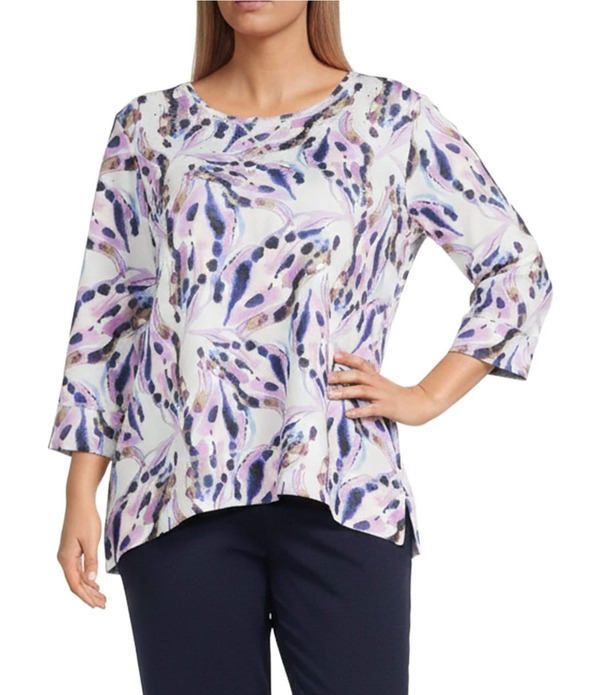 【貨物輸送無料】 アリソン デイリー レディース ティーシャツ トップス Plus Size Violet Multi Floral Spots Print 3/4 Sleeve Crew Neck Scuba Knit Embellished Top Violet Multi Floral Spots