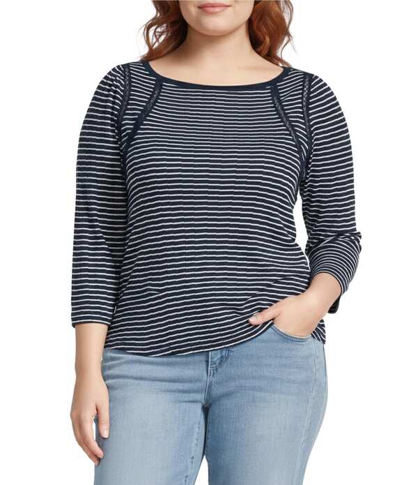 民本主義 レディース トップス ティーシャツ 足し加える大いさ Democracy Plusize Boat Neck 3/4 Sleeve Stripe Crochet Fagoting Detail Top Navy/Off White 象牙色