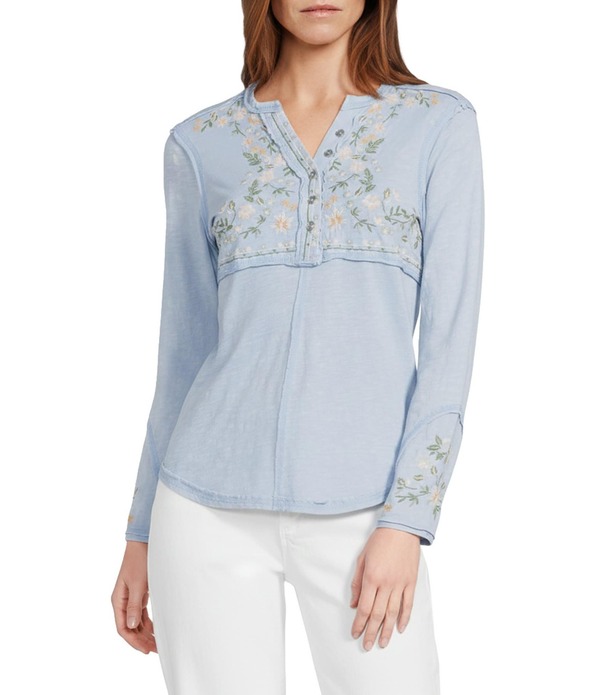 生き胆 レディース トップス ティーシャツ Vのど首 刺しゅう 編み物 ティーシャツ Reba Sedona Jersey Knit V-Neck Long Sleevembroidered Henley Top Chambray