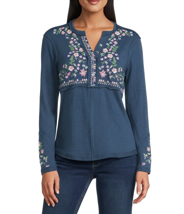 生き胆 レディース トップス ティーシャツ Vのど首 刺しゅう 編み物 ティーシャツ Reba Sedona Jersey Knit V-Neck Long Sleevembroidered Henley Top Navy 米国海軍