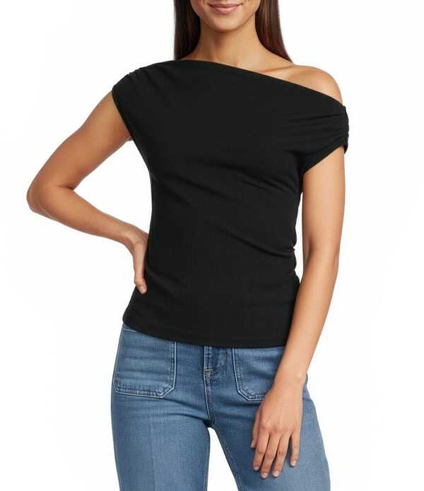 スパンク レディース トップス ティーシャツ ギャザー 肋材 編み物 Spanx Ribbed Knit Off-The-Shoulderuched Top Classic Black 黒いこと