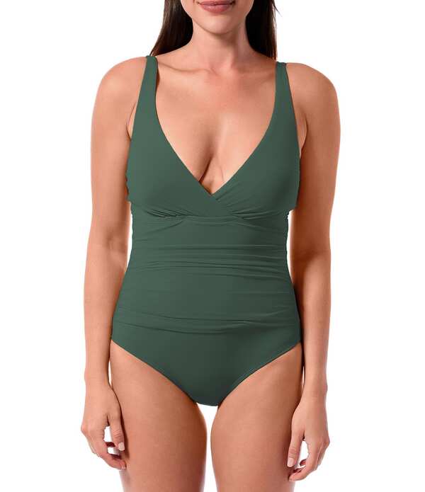 ジャントゼン レディース トップス 衣装 Vのど首 Jantzen Patty Solid V-Neck Tummy Control Surplice One Piece Swimsuit Goddess Green 緑であること