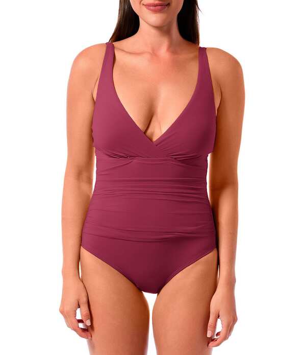 ジャントゼン レディース トップス 衣装 Vのど首 Jantzen Patty Solid V-Neck Tummy Control Surplice One Piece Swimsuit Mulberry