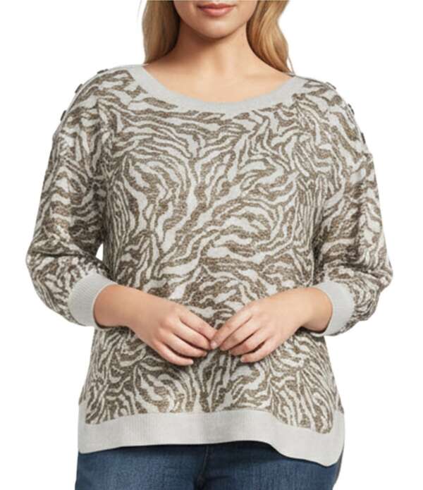 酉の方角跳ねかえる レディース トップス ティーシャツ 足し加える大いさ 編み物 Westbound Plusize Brown Zebra Knit Long Sleeve Button Shoulder Pullover Top Brown Zebra 赤銅色