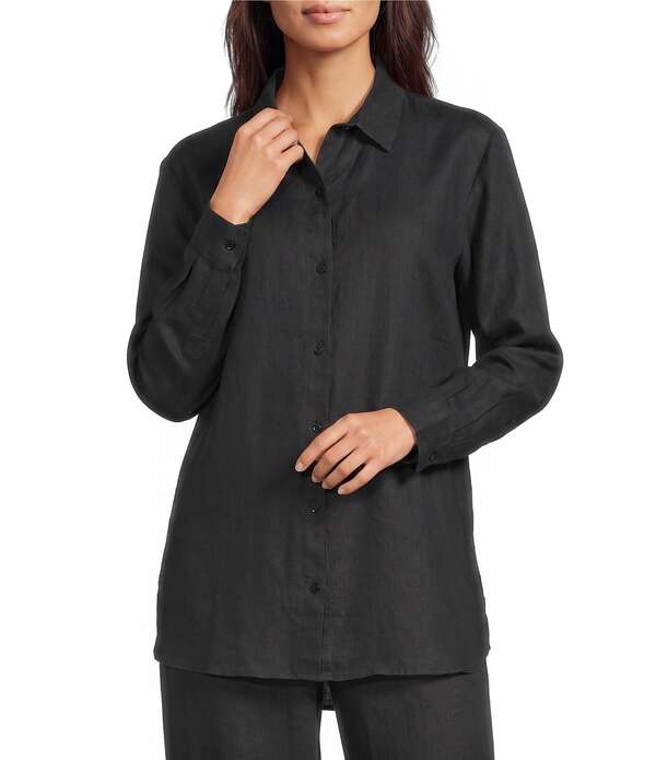 エイリーンフィッシャー レディース トップス シャツ リネン Eileen Fisher Organic Linen Handkerchief Classicollar Button Front Long Sleeve Shirt Black ブラック|ReVida 店