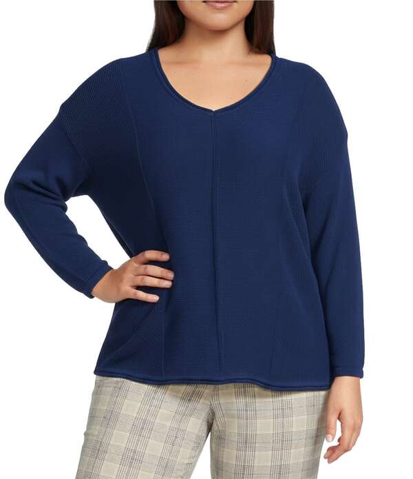 インベストメンツ レディース アウター 編み物・ティーシャツ Vのど首 足し加える大いさ Investments Plusize Textured 3/4 Sleeve V-Neck Sweater Blue Depths 青碧