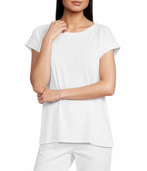 エイリーンフィッシャー レディース トップス プルオーバー 綿織物 旗がしら プルオーバー Eileen Fisher Organicotton Slub Jersey Round Neck Raglan Cap Sleeve Top White 白いこと
