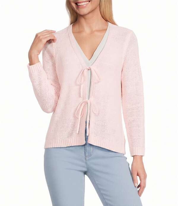 ジョーンズニューヨーク州 レディース アウター 編み物・ティーシャツ Vのど首 ジレー Jones New York Tie Front V-Neck 3/4 Sleeve Cardigan Petal Pink サクラ色