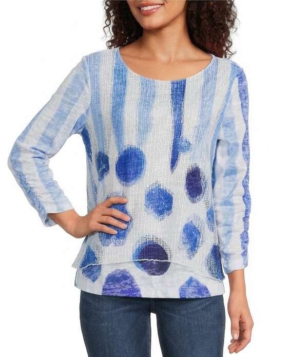 蟻 マイルス レディース トップス プルオーバー メッシュオーバーレイ メッシュ オーバーレイ 編み物 Ali Miles Knit Mesh Overlay Stripedotted Round Neck 3/4 Cinched Sleeve Top Dot Multi マルチ色合い