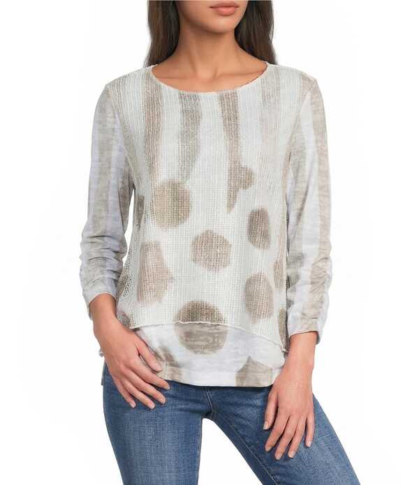 蟻 マイルス レディース トップス プルオーバー メッシュオーバーレイ メッシュ オーバーレイ 編み物 Ali Miles Knit Mesh Overlay Stripedotted Round Neck 3/4 Cinched Sleeve Top Khaki カーキ