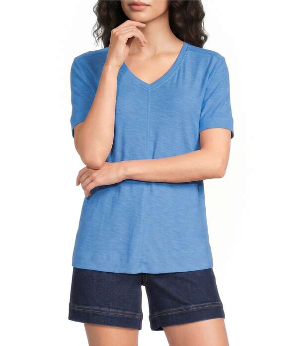 酉の方角刎ね上がる レディース トップス ティーシャツ Vのど首 Westbound Solid Short Sleeve V-Neck Top Azure Blue 青碧