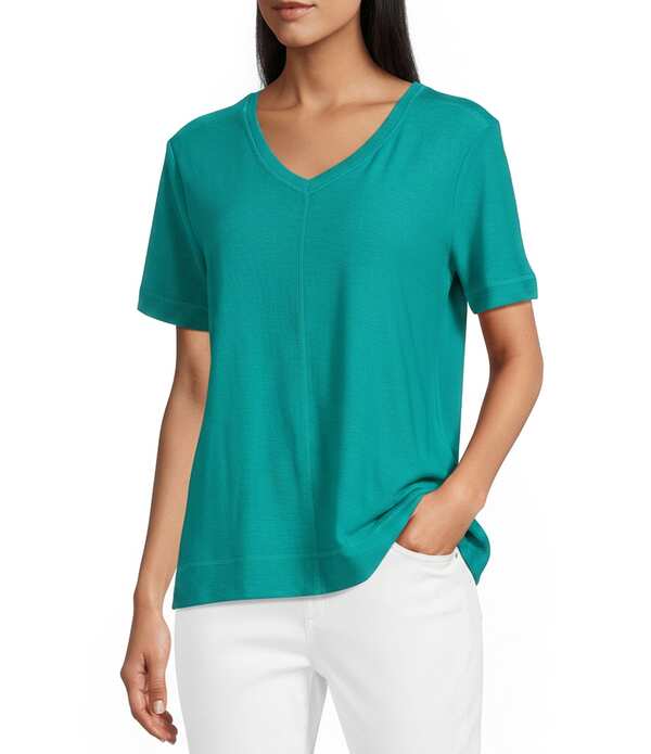 酉の方角刎ね上がる レディース トップス ティーシャツ Vのど首 Westbound Solid Short Sleeve V-Neck Top Deepeacock Blue 青碧