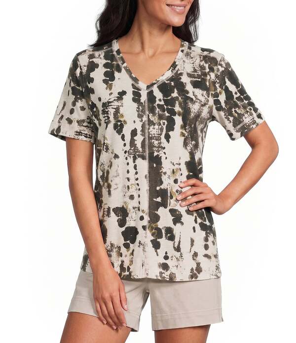 酉の方角刎ね上がる レディース トップス ティーシャツ Vのど首 刷り上げる Westboundotted Splater Print Short Sleeve V-Neck Top Dotted Splater